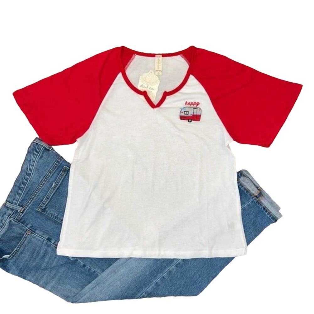 NWT Altar'd State White & Red "Happy Camper" Embroidered Cotton Tee - SIZE SMALL